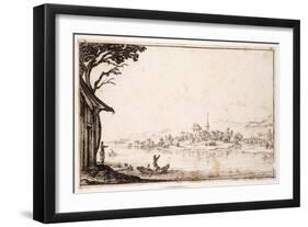 Ferrying a Passenger across a River to a Small Town Linked by a Bridge to a Castle-Jacques Callot-Framed Giclee Print