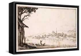 Ferrying a Passenger across a River to a Small Town Linked by a Bridge to a Castle-Jacques Callot-Framed Stretched Canvas