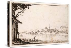 Ferrying a Passenger across a River to a Small Town Linked by a Bridge to a Castle-Jacques Callot-Stretched Canvas
