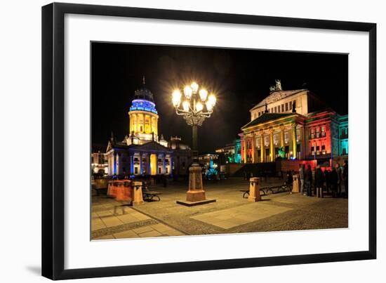 Festival of Lights, New Church, Deutscher Dom, and Berlin Theatre at Gendarmenmarkt, Berlin-null-Framed Art Print