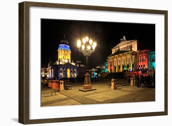 Festival of Lights, New Church, Deutscher Dom, and Berlin Theatre at Gendarmenmarkt, Berlin-null-Framed Art Print