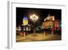 Festival of Lights, New Church, Deutscher Dom, and Berlin Theatre at Gendarmenmarkt, Berlin-null-Framed Art Print