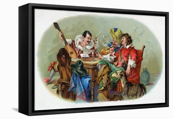 Festive Men Drinking and Smoking Scene Cigar Box Label-Lantern Press-Framed Stretched Canvas