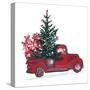 Festive New Year 2018 Card. Red Truck with Fir Tree Decorated Red Balls Isolated on White Backgroun-Zinaida Zaiko-Stretched Canvas