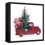 Festive New Year 2018 Card. Red Truck with Fir Tree Decorated Red Balls Isolated on White Backgroun-Zinaida Zaiko-Framed Stretched Canvas