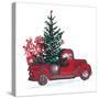 Festive New Year 2018 Card. Red Truck with Fir Tree Decorated Red Balls Isolated on White Backgroun-Zinaida Zaiko-Stretched Canvas