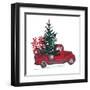 Festive New Year 2018 Card. Red Truck with Fir Tree Decorated Red Balls Isolated on White Backgroun-Zinaida Zaiko-Framed Art Print