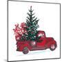 Festive New Year 2018 Card. Red Truck with Fir Tree Decorated Red Balls Isolated on White Backgroun-Zinaida Zaiko-Mounted Art Print