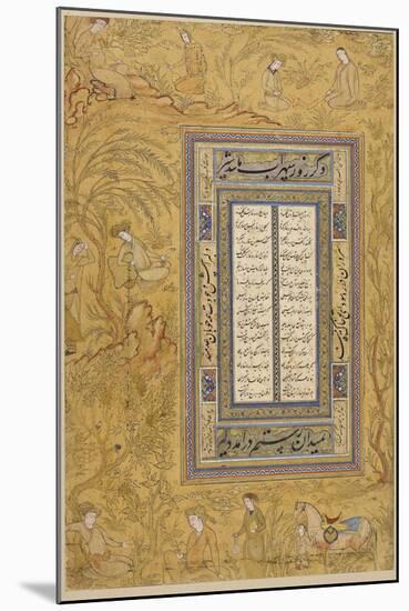 Feuillet calligraphié, avec une marge ornée de personnages iranisants dans un paysage-null-Mounted Giclee Print
