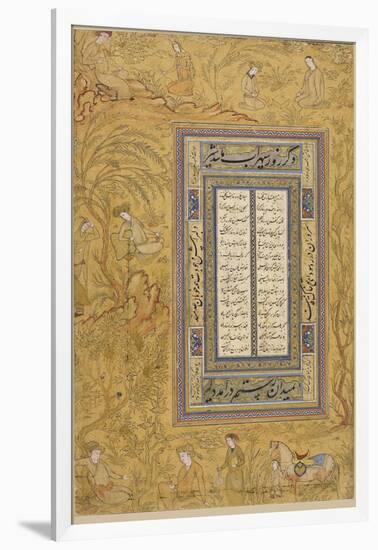 Feuillet calligraphié, avec une marge ornée de personnages iranisants dans un paysage-null-Framed Premium Giclee Print