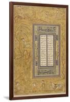 Feuillet calligraphié, avec une marge ornée de personnages iranisants dans un paysage-null-Framed Premium Giclee Print