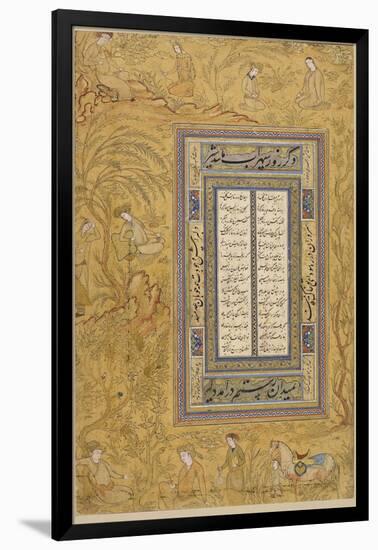 Feuillet calligraphié, avec une marge ornée de personnages iranisants dans un paysage-null-Framed Premium Giclee Print