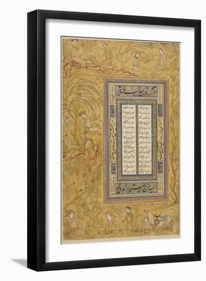 Feuillet calligraphié, avec une marge ornée de personnages iranisants dans un paysage-null-Framed Giclee Print