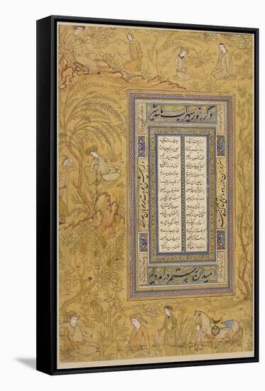 Feuillet calligraphié, avec une marge ornée de personnages iranisants dans un paysage-null-Framed Stretched Canvas