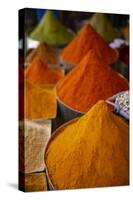 Fez, Morocco. Colorful ground spices tower shaped, farmers market-Jolly Sienda-Stretched Canvas