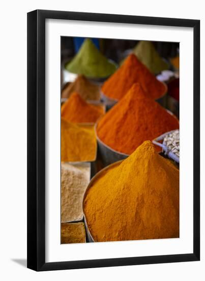 Fez, Morocco. Colorful ground spices tower shaped, farmers market-Jolly Sienda-Framed Photographic Print