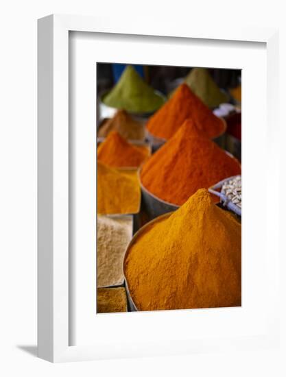 Fez, Morocco. Colorful ground spices tower shaped, farmers market-Jolly Sienda-Framed Photographic Print