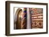 Fez Morocco decorative door and hanging patterned carpets in the old medina-Ellen Clark-Framed Photographic Print