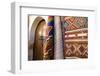 Fez Morocco decorative door and hanging patterned carpets in the old medina-Ellen Clark-Framed Photographic Print