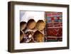 Fez Morocco leather baskets & oriental carpet on the wall in the old medina-Ellen Clark-Framed Photographic Print