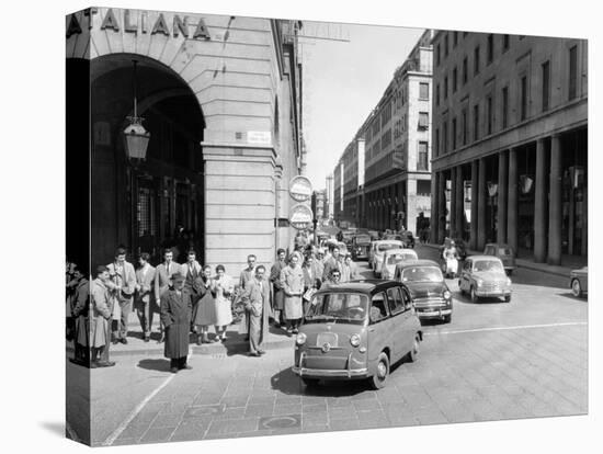 Fiat 600 Multipla Leading a Procession of Fiats, Italy, (Late 1950S)-null-Stretched Canvas