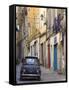 Fiat Driving in Narrow Street, Sassari, Sardinia, Italy-Doug Pearson-Framed Stretched Canvas