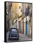 Fiat Driving in Narrow Street, Sassari, Sardinia, Italy-Doug Pearson-Framed Stretched Canvas