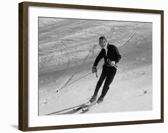 Fiat President Giovanni Agnelli Skiing Slopes Near His Sestriere Ski Resort-null-Framed Premium Photographic Print