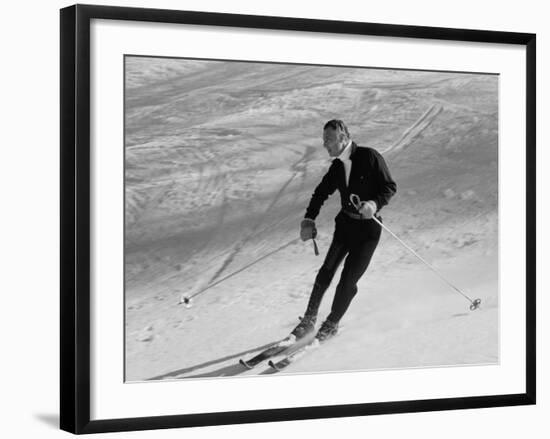 Fiat President Giovanni Agnelli Skiing Slopes Near His Sestriere Ski Resort-null-Framed Premium Photographic Print