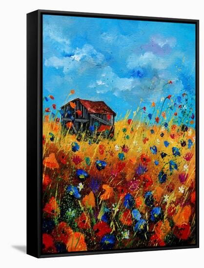 field flowers and old barn-Pol Ledent-Framed Stretched Canvas