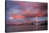 Fiery Clouds and Jet Plane at Bay Bridge, Oakland-null-Stretched Canvas