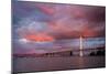 Fiery Clouds and Jet Plane at Bay Bridge, Oakland-null-Mounted Photographic Print