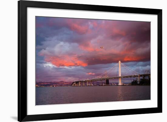 Fiery Clouds and Jet Plane at Bay Bridge, Oakland-null-Framed Photographic Print