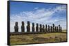 Fifteen Moai Statues Stand With Their Backs To The Sun At Tongariki, Easter Island, Chile-Karine Aigner-Framed Stretched Canvas