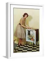 Fifties Housewife with Mini-Fridge-null-Framed Art Print