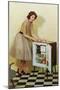 Fifties Housewife with Mini-Fridge-null-Mounted Art Print