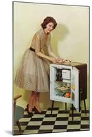 Fifties Housewife with Mini-Fridge-null-Mounted Art Print