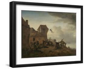 Fighting Peasants Near a Village-Philips Wouwerman-Framed Art Print