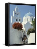 Figure on Donkey Passing Church Bell Tower and Dome, Vothonas, Santorini, Cyclades Islands, Greece-Short Michael-Framed Stretched Canvas