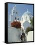 Figure on Donkey Passing Church Bell Tower and Dome, Vothonas, Santorini, Cyclades Islands, Greece-Short Michael-Framed Stretched Canvas