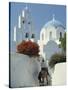 Figure on Donkey Passing Church Bell Tower and Dome, Vothonas, Santorini, Cyclades Islands, Greece-Short Michael-Stretched Canvas