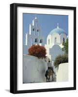 Figure on Donkey Passing Church Bell Tower and Dome, Vothonas, Santorini, Cyclades Islands, Greece-Short Michael-Framed Photographic Print