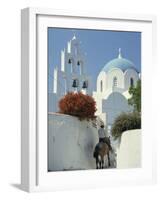 Figure on Donkey Passing Church Bell Tower and Dome, Vothonas, Santorini, Cyclades Islands, Greece-Short Michael-Framed Photographic Print
