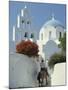 Figure on Donkey Passing Church Bell Tower and Dome, Vothonas, Santorini, Cyclades Islands, Greece-Short Michael-Mounted Photographic Print