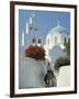 Figure on Donkey Passing Church Bell Tower and Dome, Vothonas, Santorini, Cyclades Islands, Greece-Short Michael-Framed Photographic Print