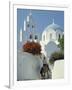 Figure on Donkey Passing Church Bell Tower and Dome, Vothonas, Santorini, Cyclades Islands, Greece-Short Michael-Framed Photographic Print