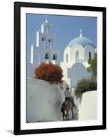 Figure on Donkey Passing Church Bell Tower and Dome, Vothonas, Santorini, Cyclades Islands, Greece-Short Michael-Framed Photographic Print