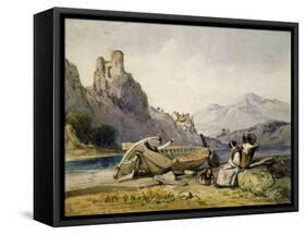 Figures and a Boat on the Shore of a Lake, a House and Ruined Castle in the Background, C1830S-Alfred Gomersal Vickers-Framed Stretched Canvas