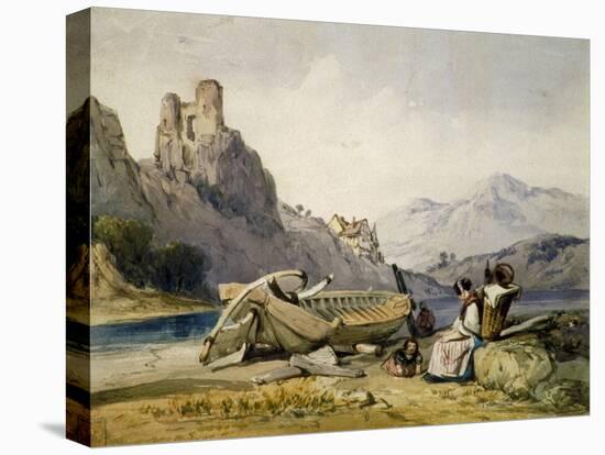Figures and a Boat on the Shore of a Lake, a House and Ruined Castle in the Background, C1830S-Alfred Gomersal Vickers-Stretched Canvas