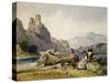 Figures and a Boat on the Shore of a Lake, a House and Ruined Castle in the Background, C1830S-Alfred Gomersal Vickers-Stretched Canvas